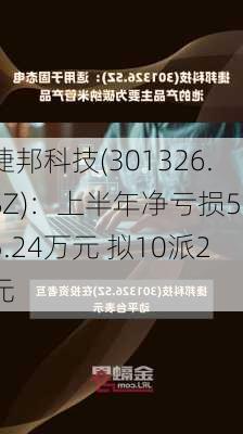 捷邦科技(301326.SZ)：上半年净亏损565.24万元 拟10派2元